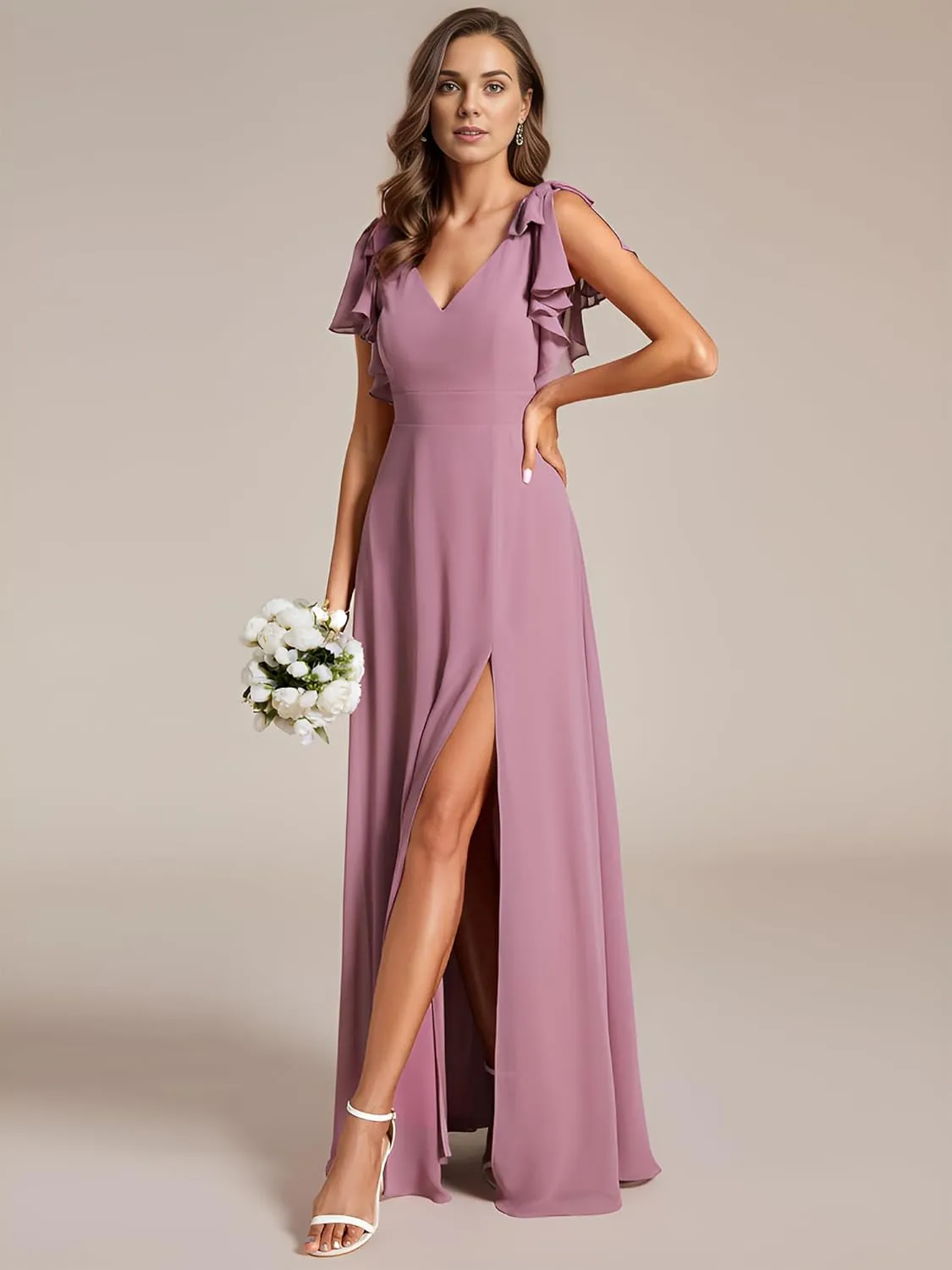 Ever-Pretty Women's Chiffon Mother of The Groom Dresses V Neck Split Ruffle Sleeves Formal Dresses 02080-PH