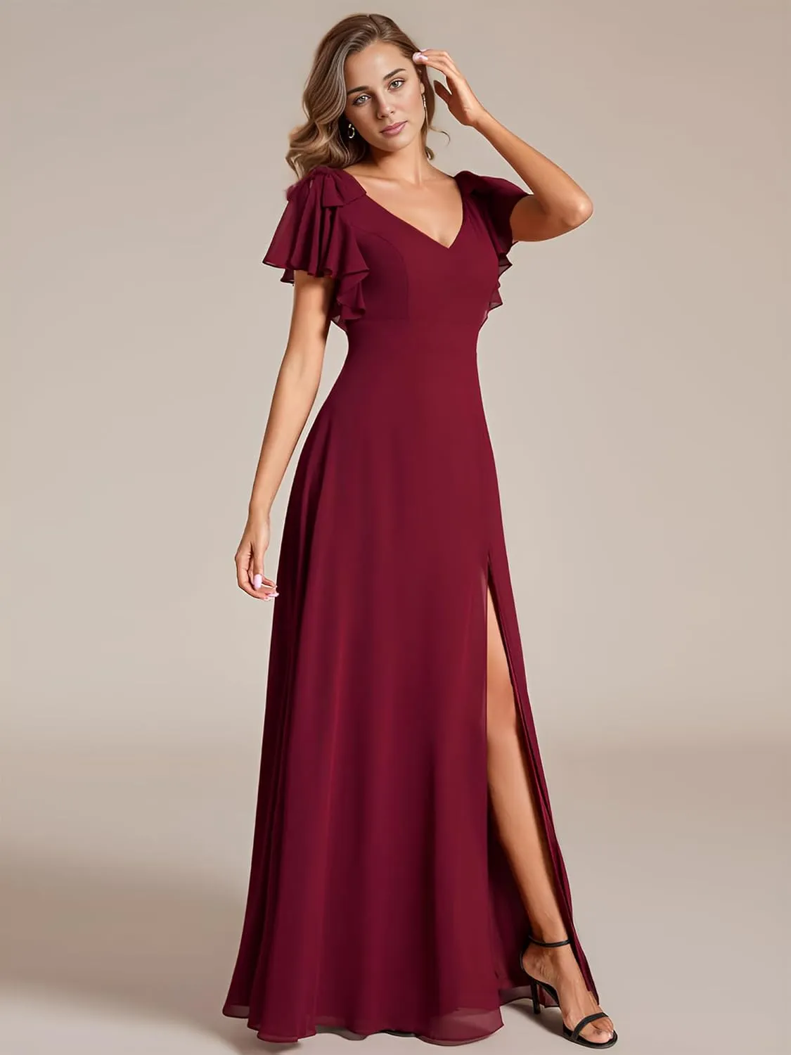 Ever-Pretty Women's Chiffon Mother of The Groom Dresses V Neck Split Ruffle Sleeves Formal Dresses 02080-PH