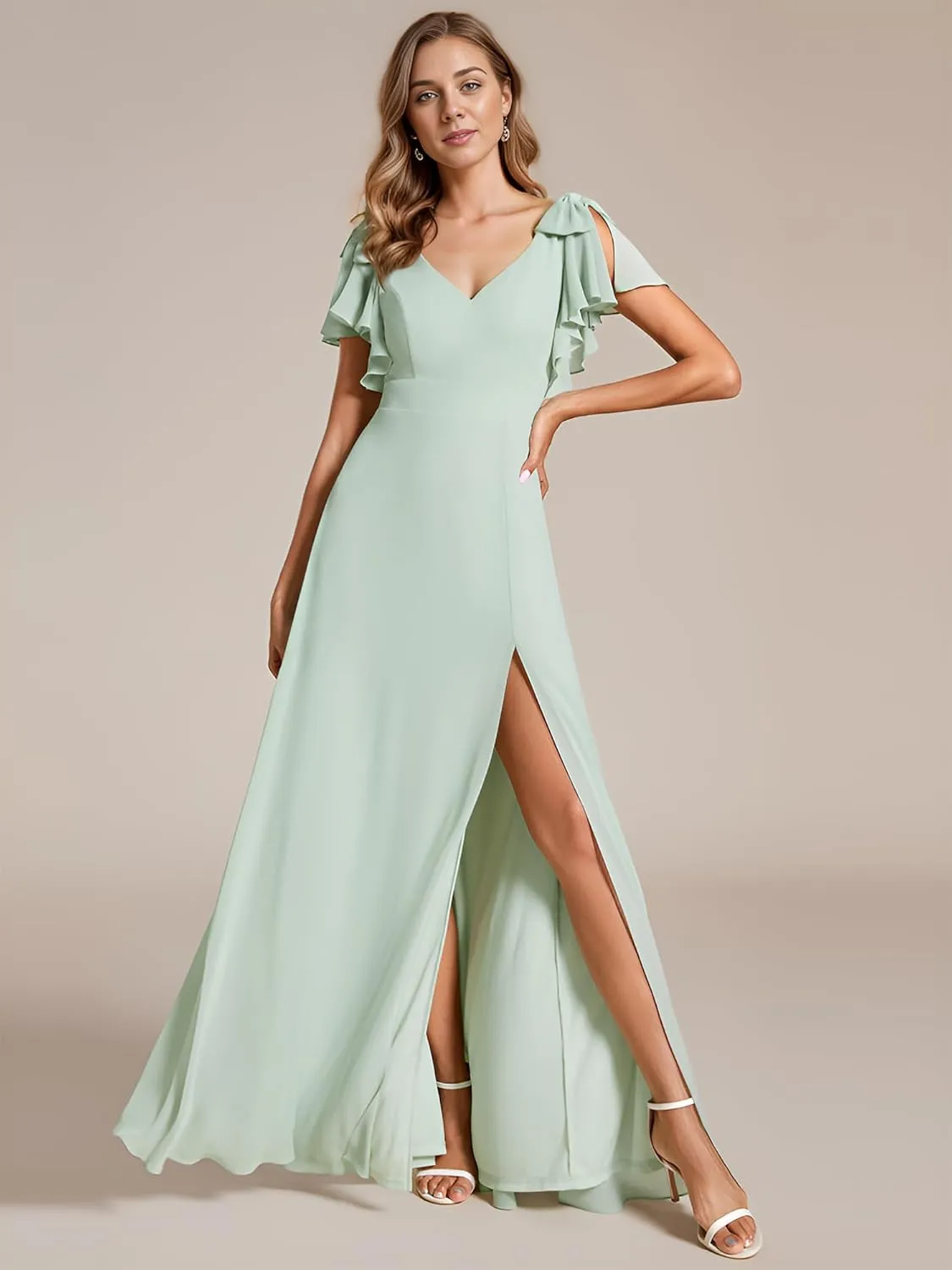 Ever-Pretty Women's Chiffon Mother of The Groom Dresses V Neck Split Ruffle Sleeves Formal Dresses 02080-PH