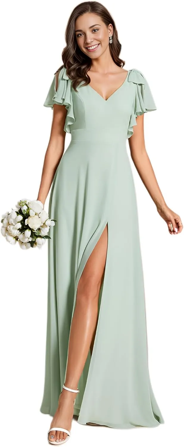 Ever-Pretty Women's Chiffon Mother of The Groom Dresses V Neck Split Ruffle Sleeves Formal Dresses 02080-PH