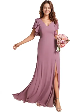 Ever-Pretty Women's Chiffon Mother of The Groom Dresses V Neck Split Ruffle Sleeves Formal Dresses 02080-PH