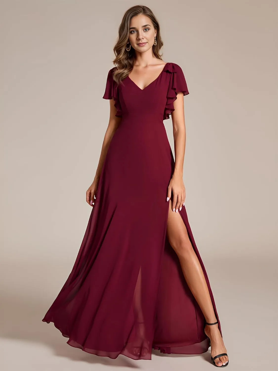 Ever-Pretty Women's Chiffon Mother of The Groom Dresses V Neck Split Ruffle Sleeves Formal Dresses 02080-PH