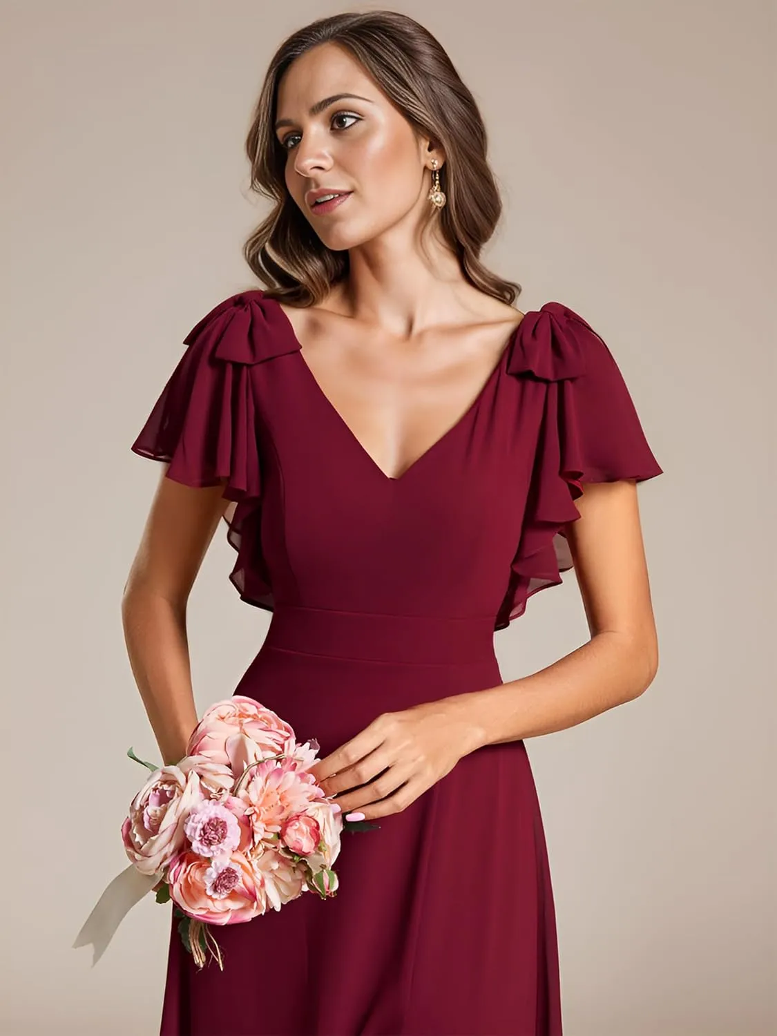 Ever-Pretty Women's Chiffon Mother of The Groom Dresses V Neck Split Ruffle Sleeves Formal Dresses 02080-PH