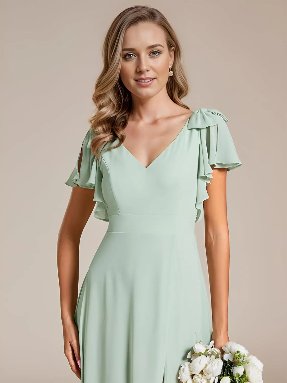 Ever-Pretty Women's Chiffon Mother of The Groom Dresses V Neck Split Ruffle Sleeves Formal Dresses 02080-PH