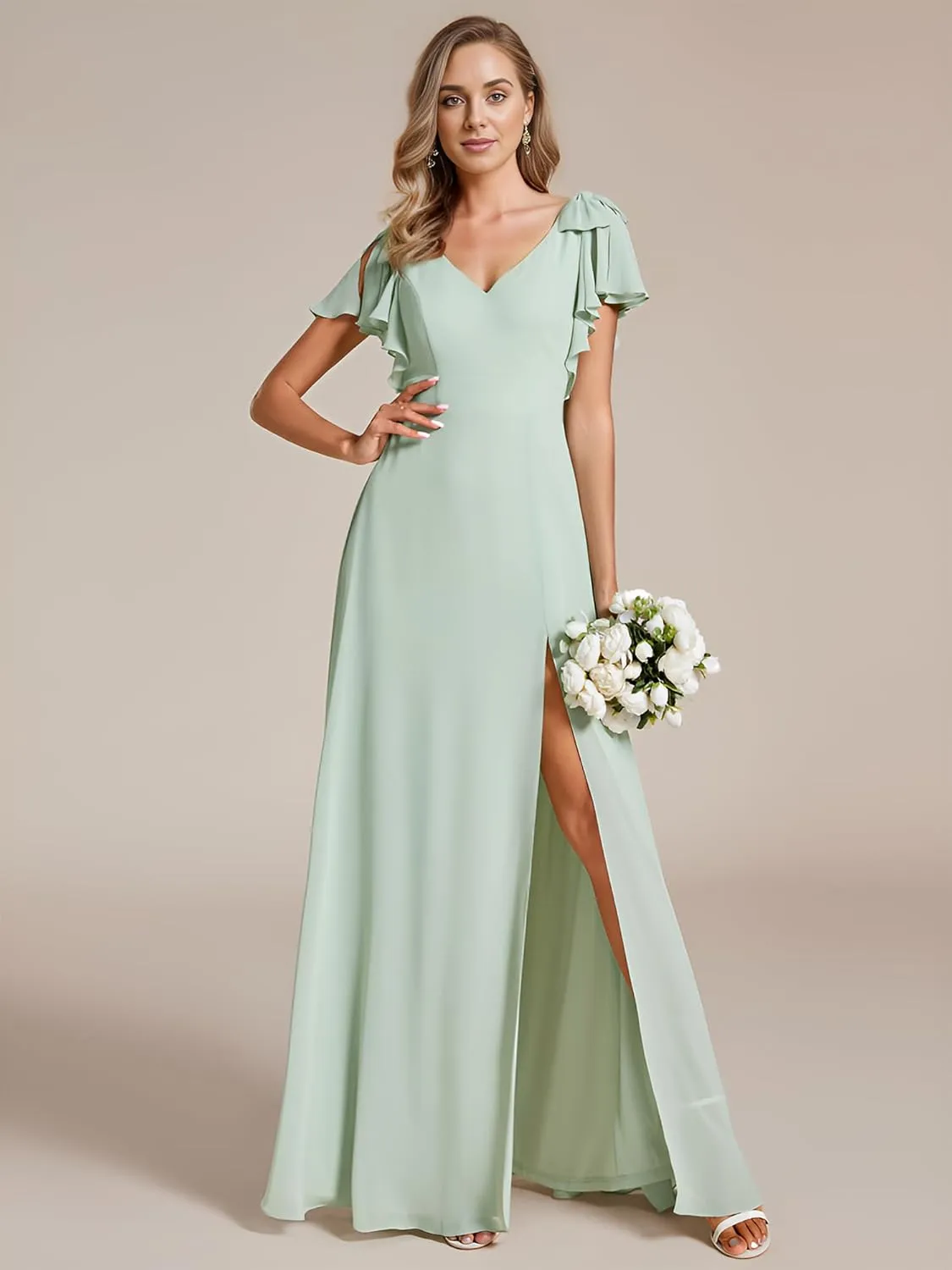 Ever-Pretty Women's Chiffon Mother of The Groom Dresses V Neck Split Ruffle Sleeves Formal Dresses 02080-PH