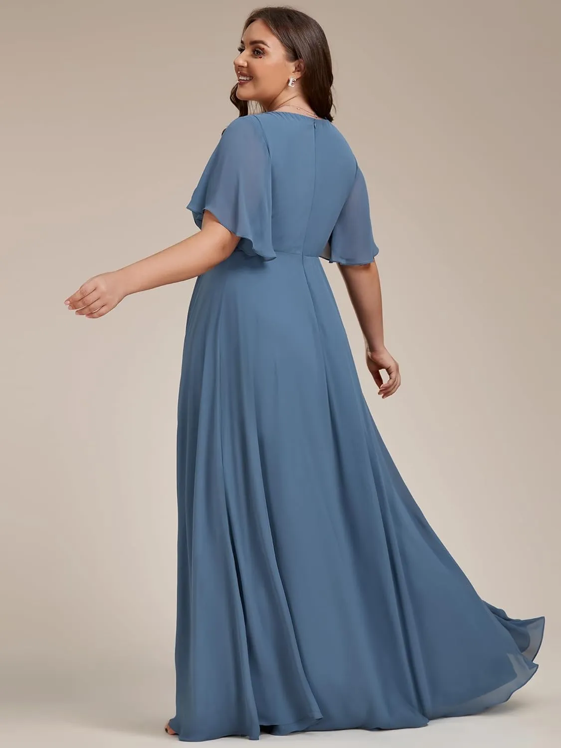 Ever-Pretty Women's Chiffon V Neck Short Sleeves Appliques Plus Size Dresses for Curvy Women Formal Dresses 01960-DA