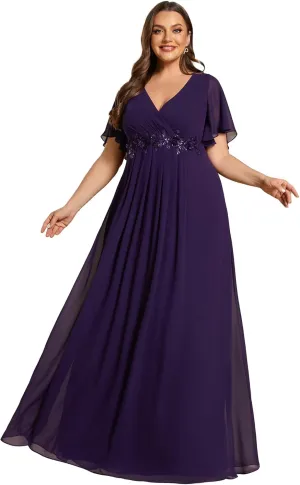 Ever-Pretty Women's Chiffon V Neck Short Sleeves Appliques Plus Size Dresses for Curvy Women Formal Dresses 01960-DA