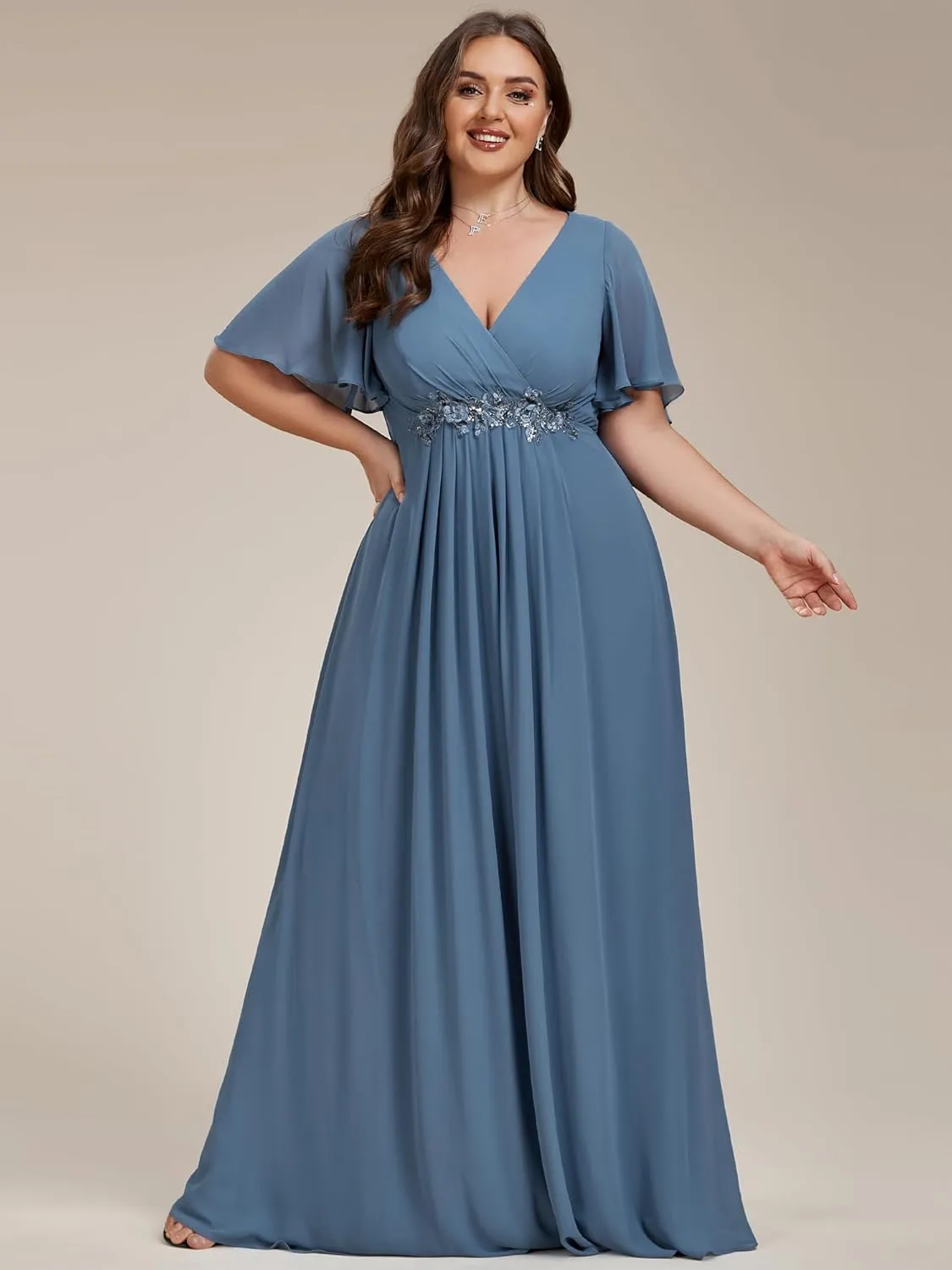 Ever-Pretty Women's Chiffon V Neck Short Sleeves Appliques Plus Size Dresses for Curvy Women Formal Dresses 01960-DA