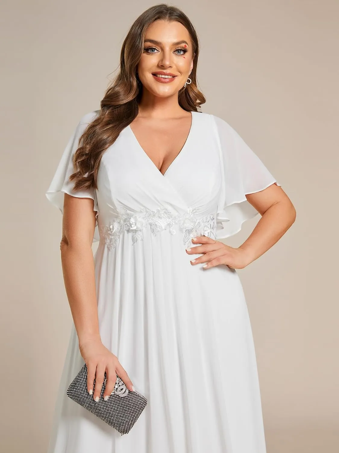 Ever-Pretty Women's Chiffon V Neck Short Sleeves Appliques Plus Size Dresses for Curvy Women Formal Dresses 01960-DA