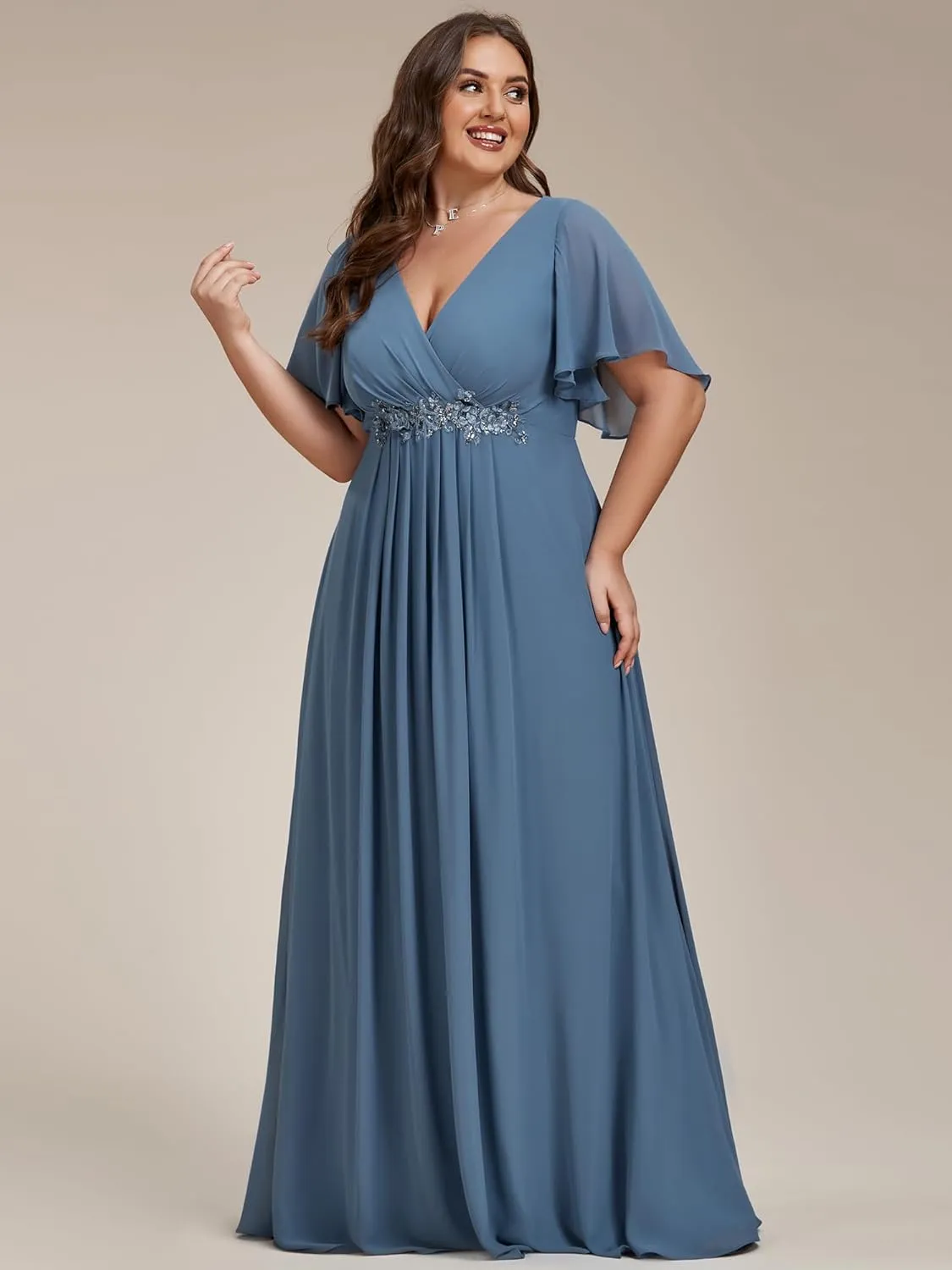 Ever-Pretty Women's Chiffon V Neck Short Sleeves Appliques Plus Size Dresses for Curvy Women Formal Dresses 01960-DA