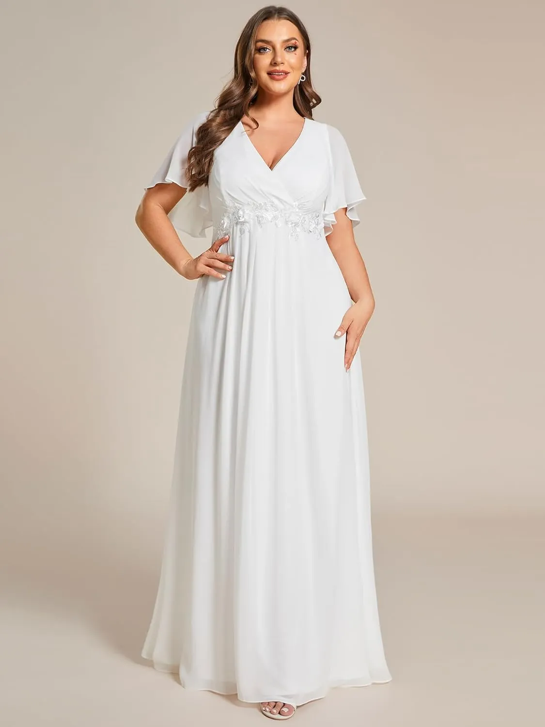 Ever-Pretty Women's Chiffon V Neck Short Sleeves Appliques Plus Size Dresses for Curvy Women Formal Dresses 01960-DA