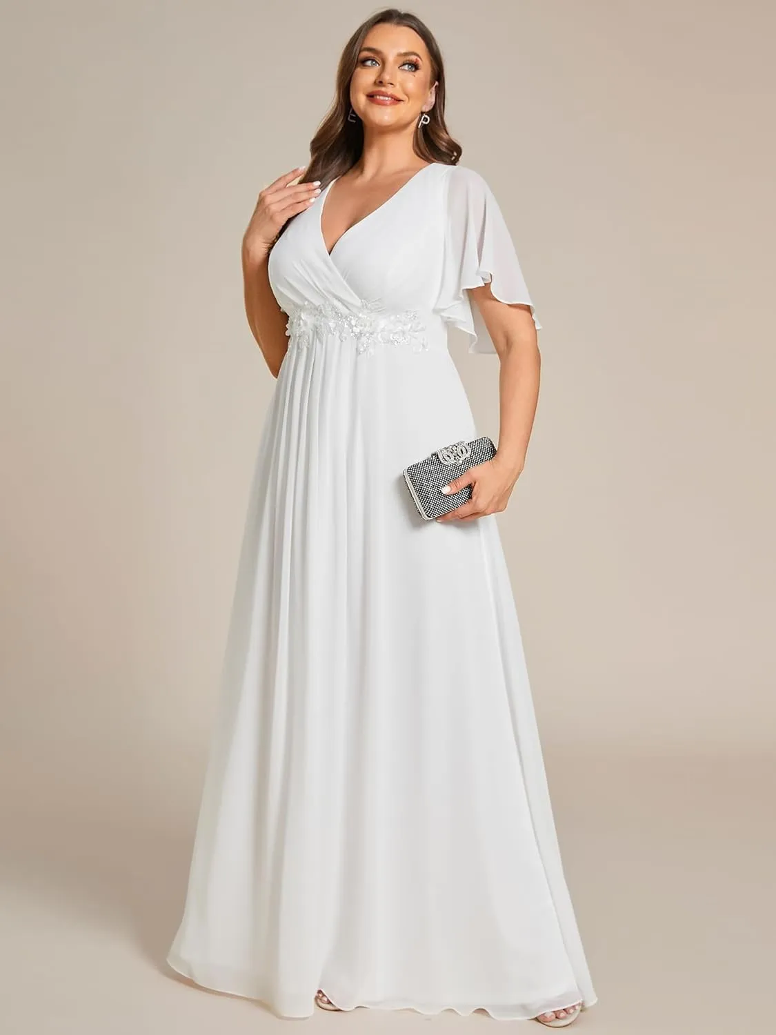 Ever-Pretty Women's Chiffon V Neck Short Sleeves Appliques Plus Size Dresses for Curvy Women Formal Dresses 01960-DA