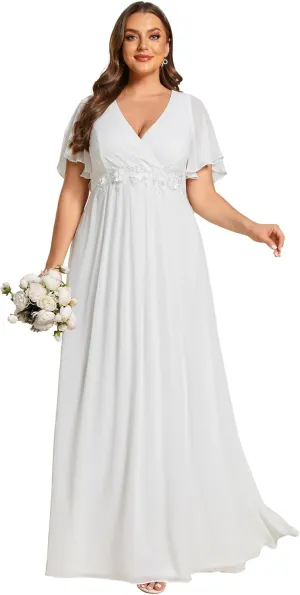 Ever-Pretty Women's Chiffon V Neck Short Sleeves Appliques Plus Size Dresses for Curvy Women Formal Dresses 01960-DA