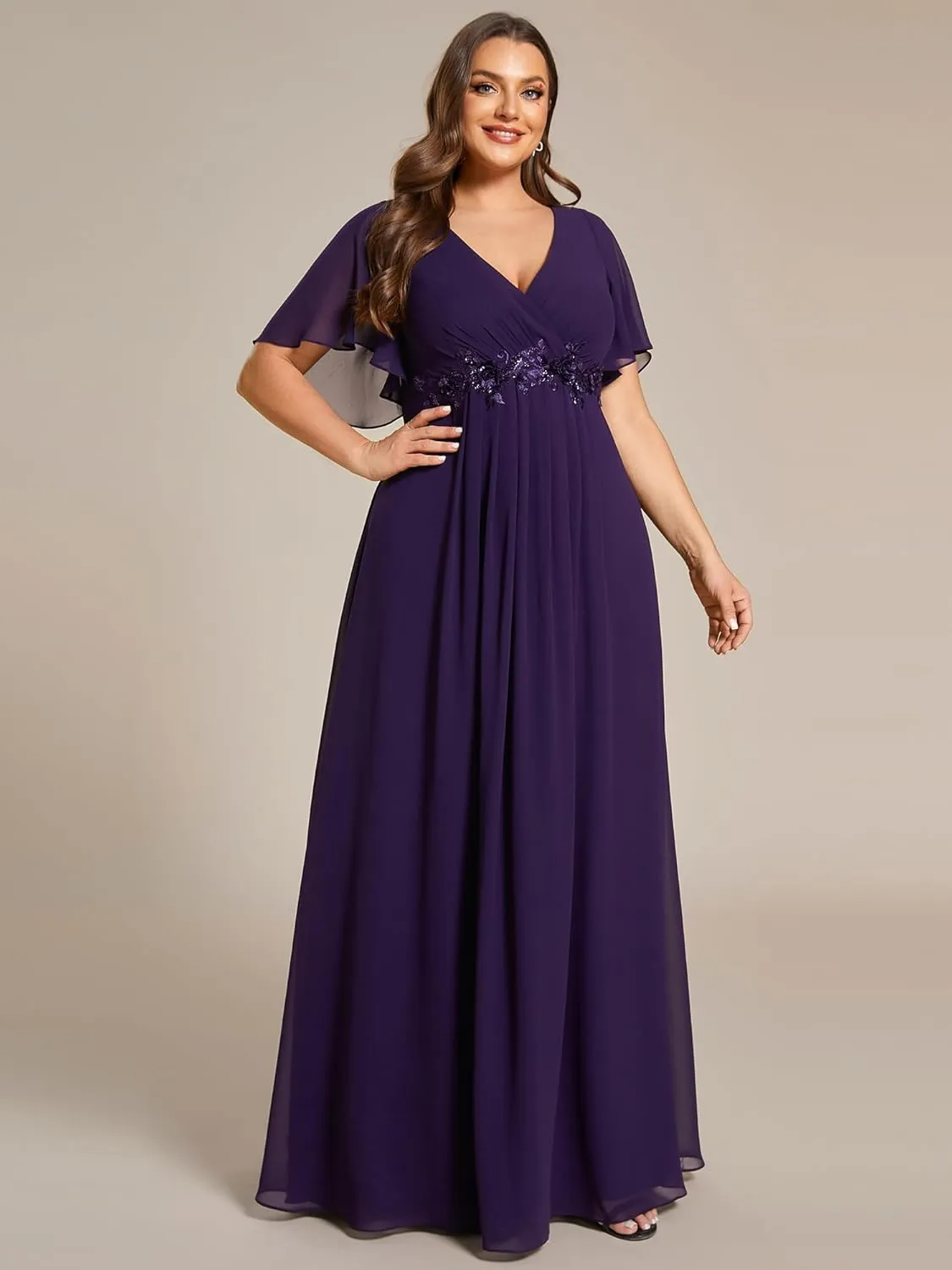 Ever-Pretty Women's Chiffon V Neck Short Sleeves Appliques Plus Size Dresses for Curvy Women Formal Dresses 01960-DA