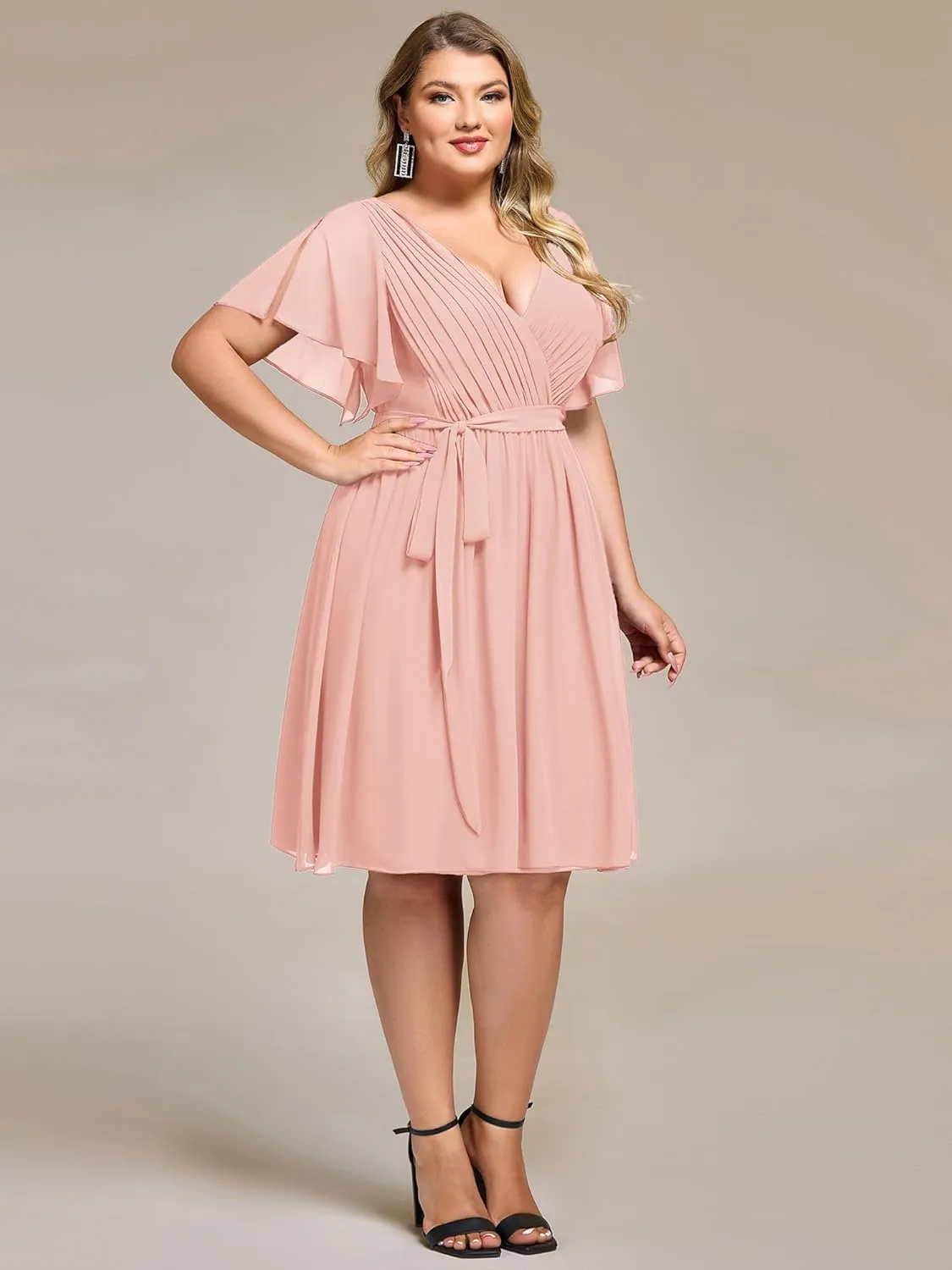 Ever-Pretty Women's Chiffon V Neck Short Sleeves Tie Waist Pleated Knee Length Plus Size Cocktail Wedding Guest Dresses