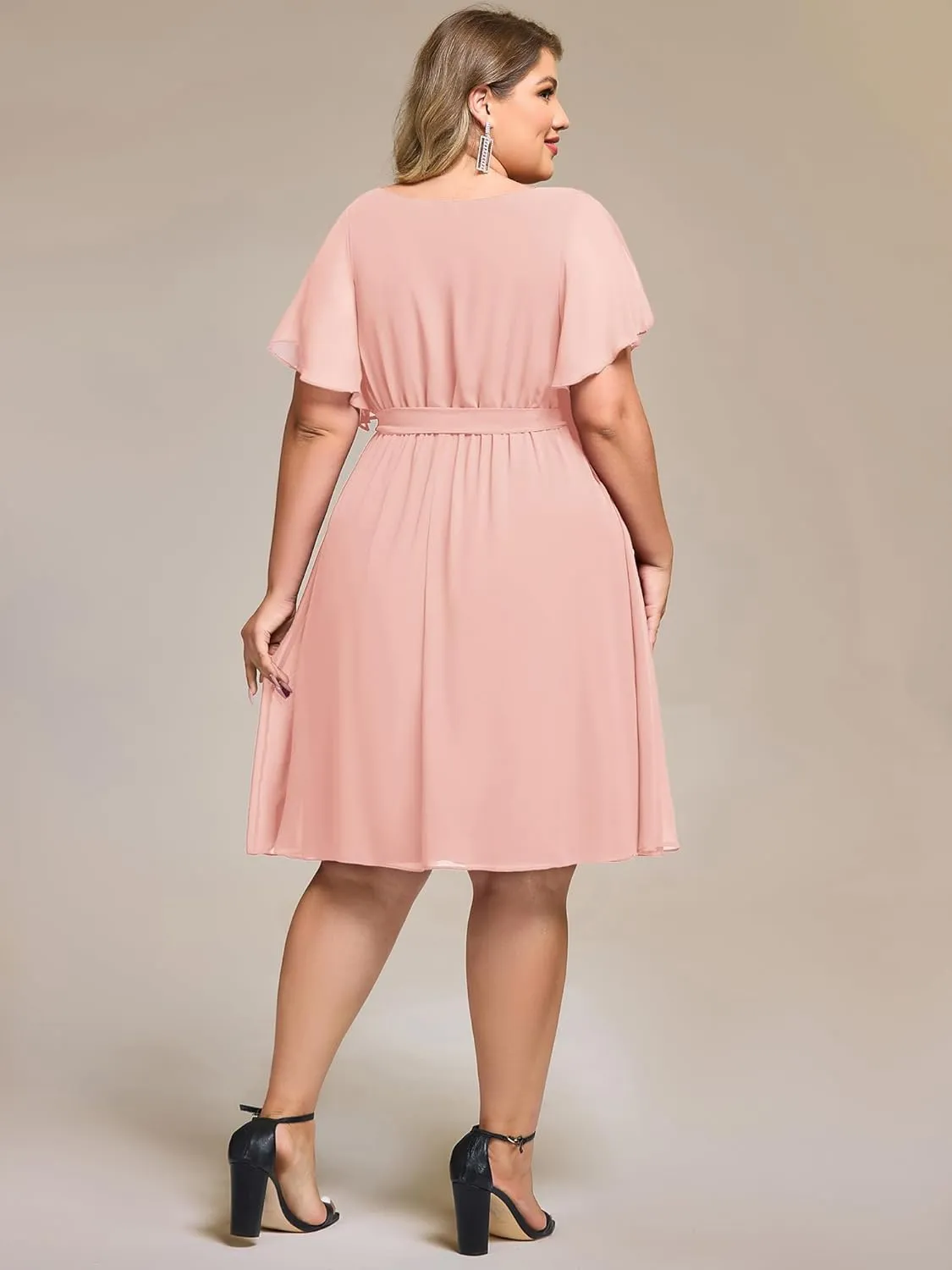 Ever-Pretty Women's Chiffon V Neck Short Sleeves Tie Waist Pleated Knee Length Plus Size Cocktail Wedding Guest Dresses