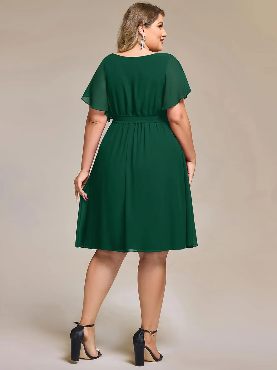 Ever-Pretty Women's Chiffon V Neck Short Sleeves Tie Waist Pleated Knee Length Plus Size Cocktail Wedding Guest Dresses