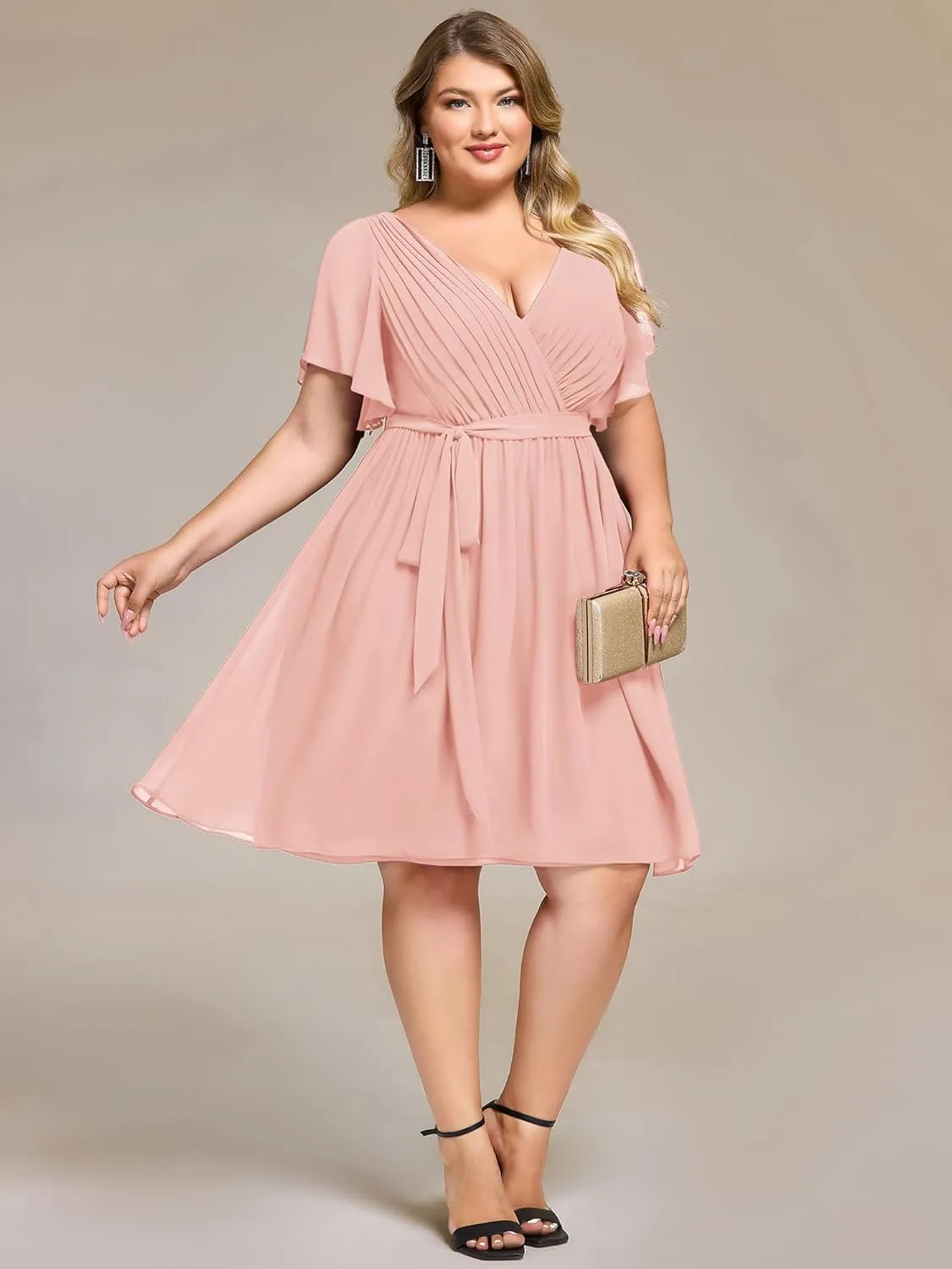 Ever-Pretty Women's Chiffon V Neck Short Sleeves Tie Waist Pleated Knee Length Plus Size Cocktail Wedding Guest Dresses