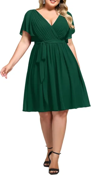 Ever-Pretty Women's Chiffon V Neck Short Sleeves Tie Waist Pleated Knee Length Plus Size Cocktail Wedding Guest Dresses