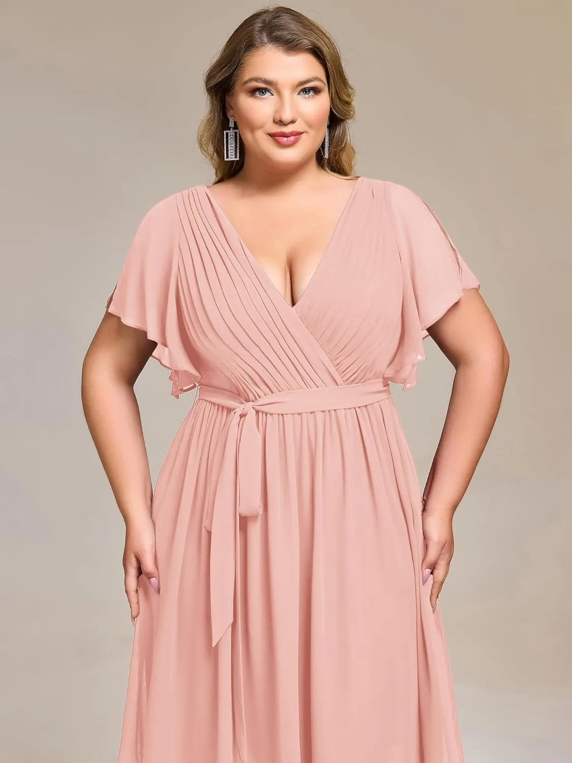 Ever-Pretty Women's Chiffon V Neck Short Sleeves Tie Waist Pleated Knee Length Plus Size Cocktail Wedding Guest Dresses