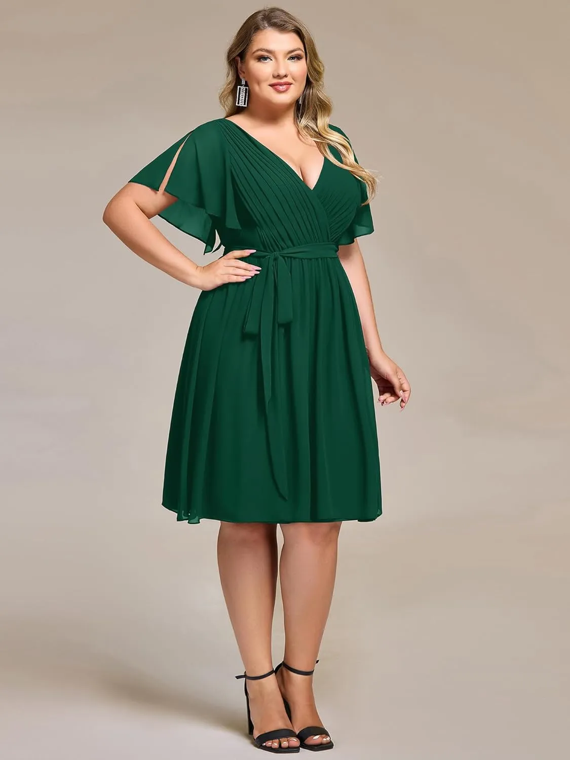 Ever-Pretty Women's Chiffon V Neck Short Sleeves Tie Waist Pleated Knee Length Plus Size Cocktail Wedding Guest Dresses