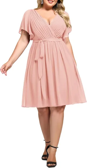 Ever-Pretty Women's Chiffon V Neck Short Sleeves Tie Waist Pleated Knee Length Plus Size Cocktail Wedding Guest Dresses