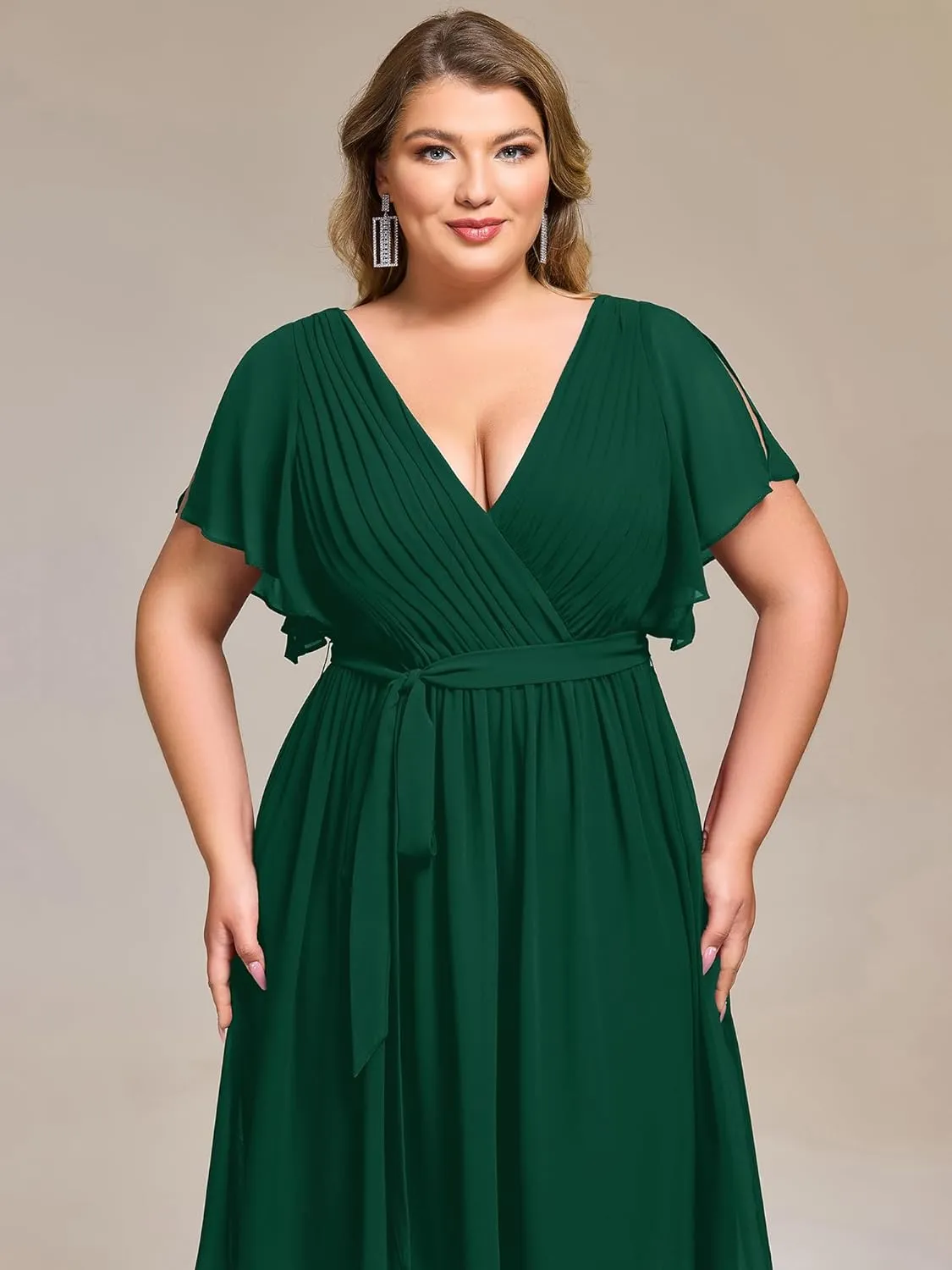 Ever-Pretty Women's Chiffon V Neck Short Sleeves Tie Waist Pleated Knee Length Plus Size Cocktail Wedding Guest Dresses