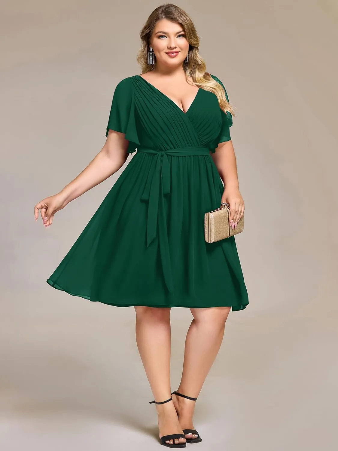 Ever-Pretty Women's Chiffon V Neck Short Sleeves Tie Waist Pleated Knee Length Plus Size Cocktail Wedding Guest Dresses