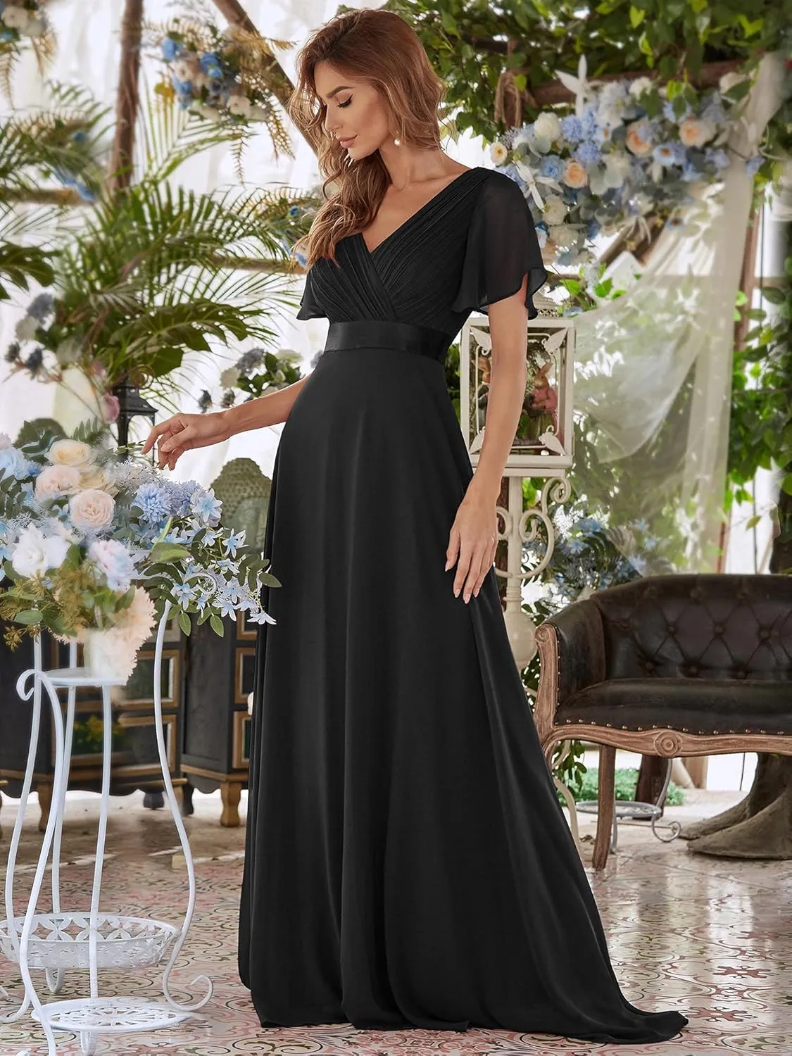 Ever-Pretty Women's Classic Chiffon Short Sleeve Pleated V-Neck Floor Length Bridesmaid Dresses 09890