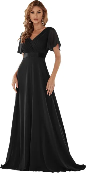 Ever-Pretty Women's Classic Chiffon Short Sleeve Pleated V-Neck Floor Length Bridesmaid Dresses 09890