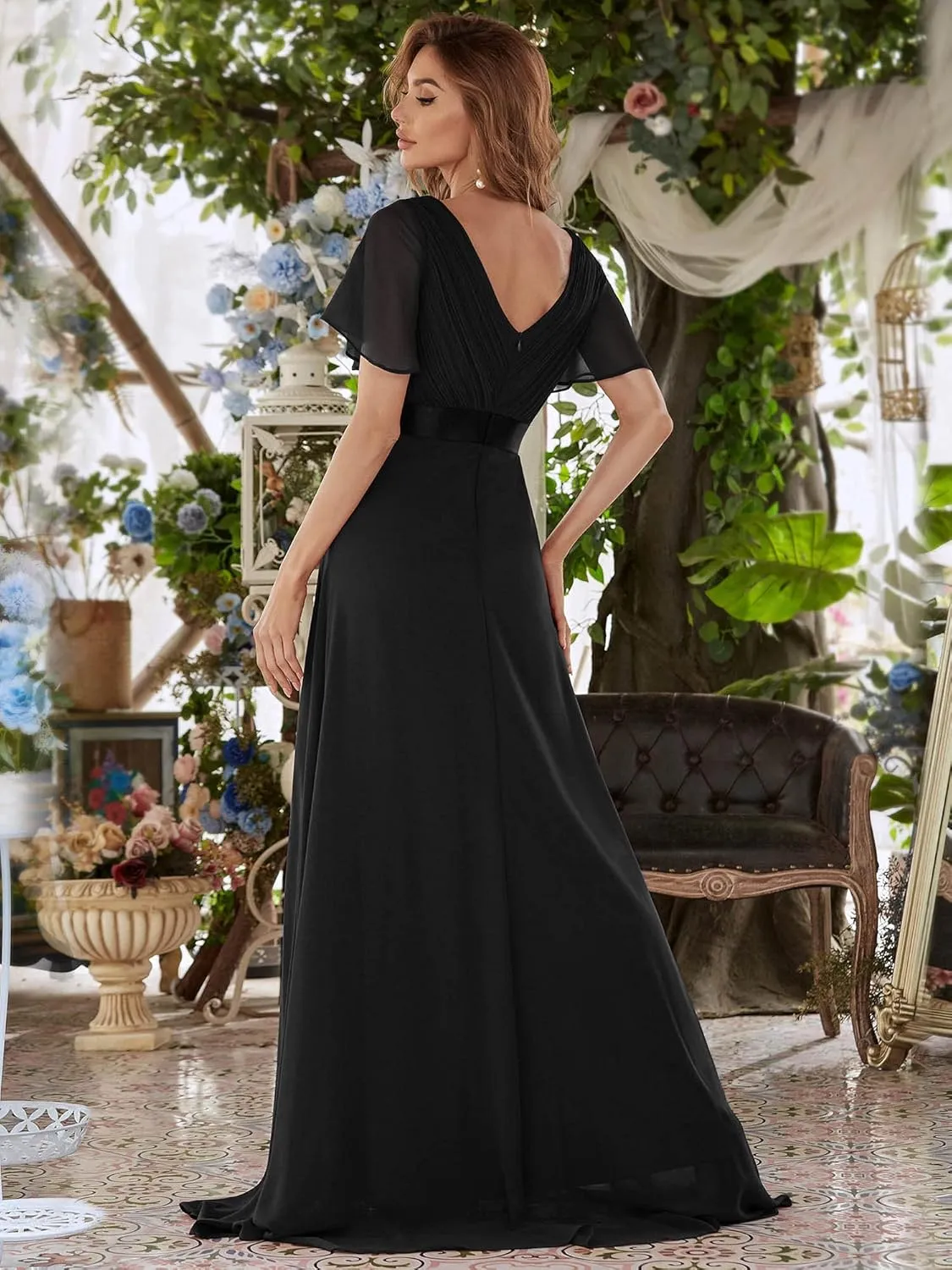 Ever-Pretty Women's Classic Chiffon Short Sleeve Pleated V-Neck Floor Length Bridesmaid Dresses 09890