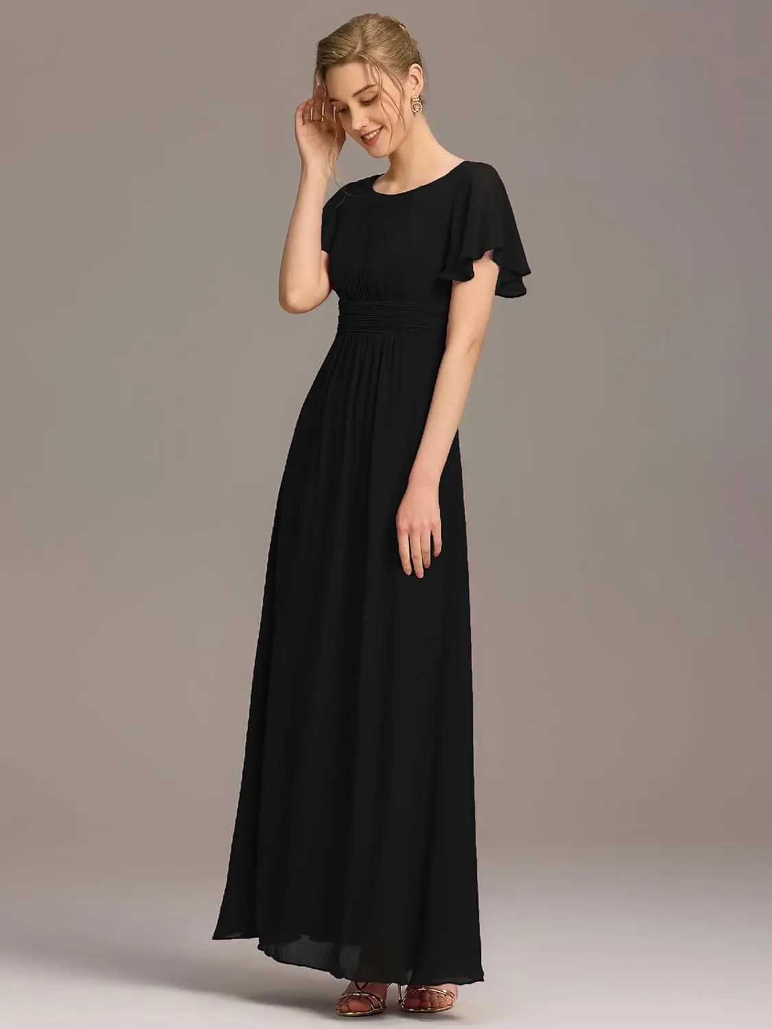 Ever-Pretty Women's Classic Round Neck Short Sleeves Chiffon Floor Length Bridesmaid Dress 01840-PH
