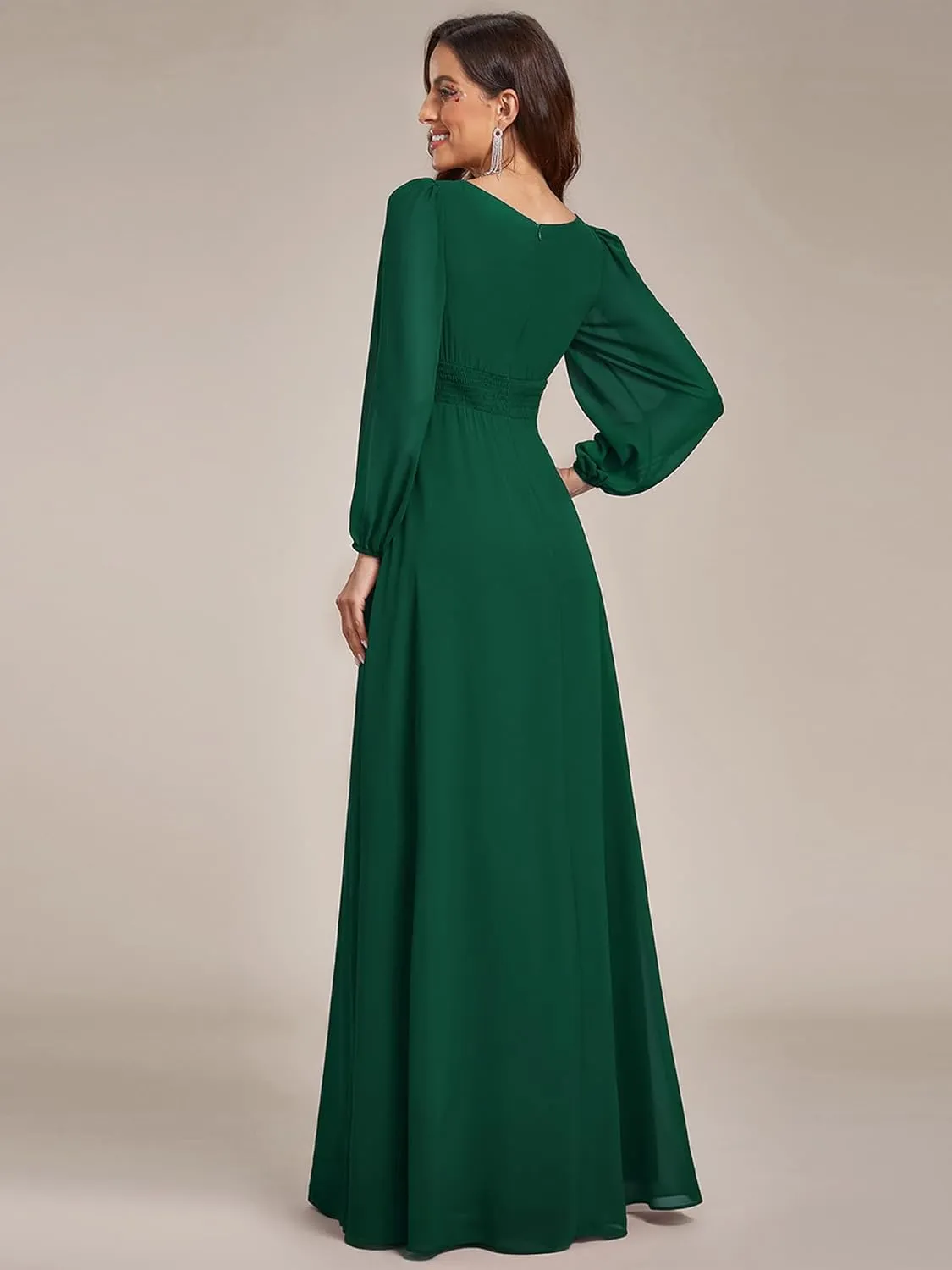 Ever-Pretty Women's Crewneck Long Lantern Sleeves Floor Length A-Line Pleated Chiffon Formal Dress 0106B