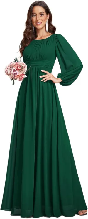 Ever-Pretty Women's Crewneck Long Lantern Sleeves Floor Length A-Line Pleated Chiffon Formal Dress 0106B