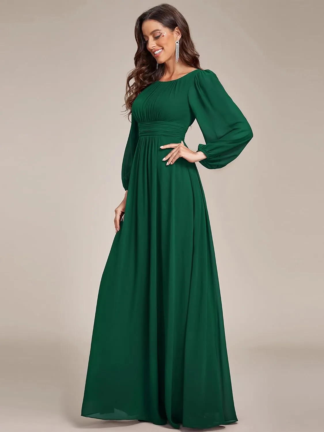 Ever-Pretty Women's Crewneck Long Lantern Sleeves Floor Length A-Line Pleated Chiffon Formal Dress 0106B