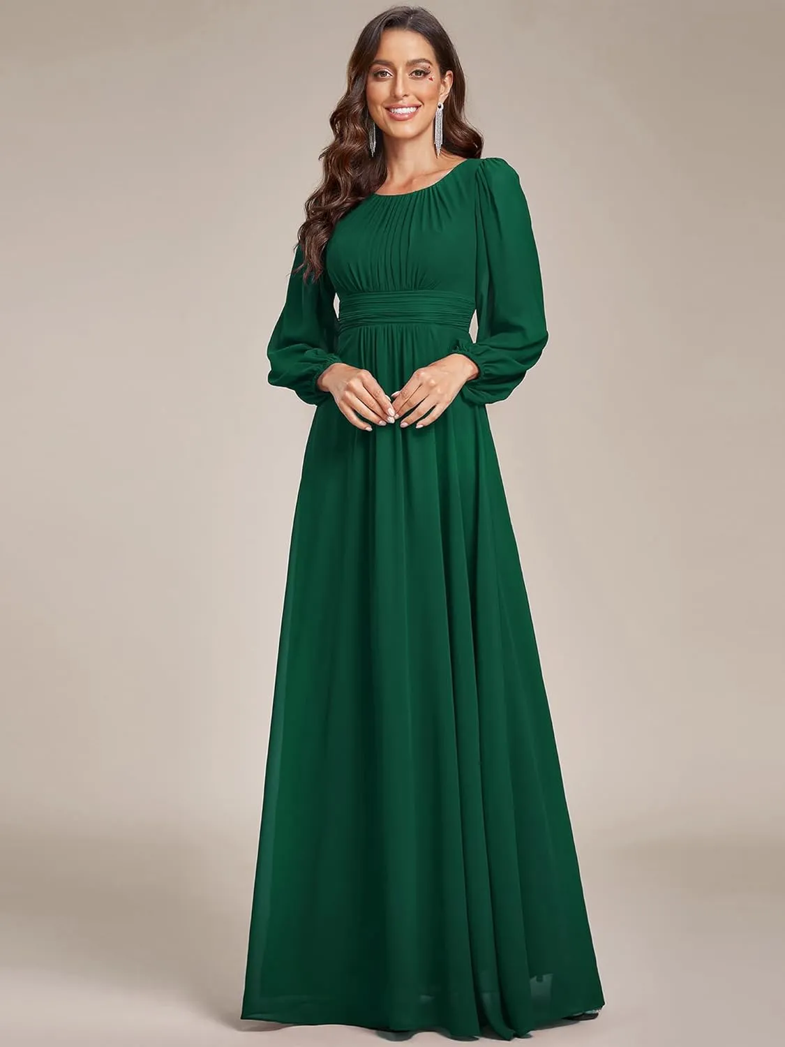 Ever-Pretty Women's Crewneck Long Lantern Sleeves Floor Length A-Line Pleated Chiffon Formal Dress 0106B