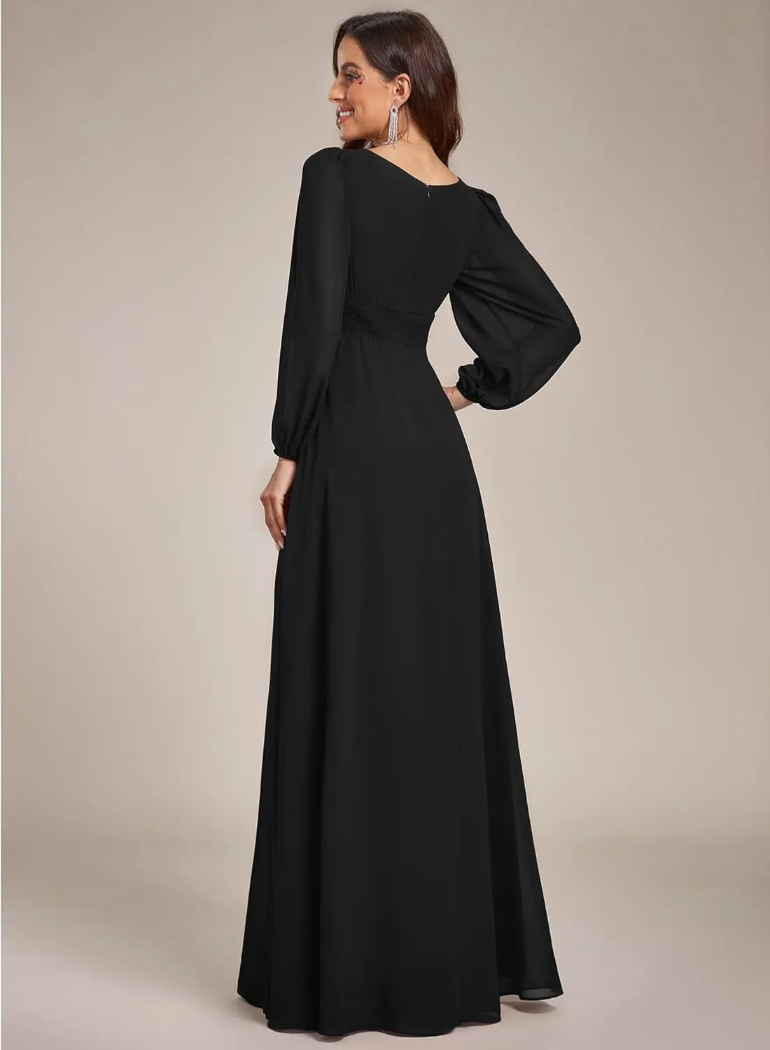 Ever-Pretty Women's Crewneck Long Lantern Sleeves Floor Length A-Line Pleated Chiffon Formal Dress 0106B