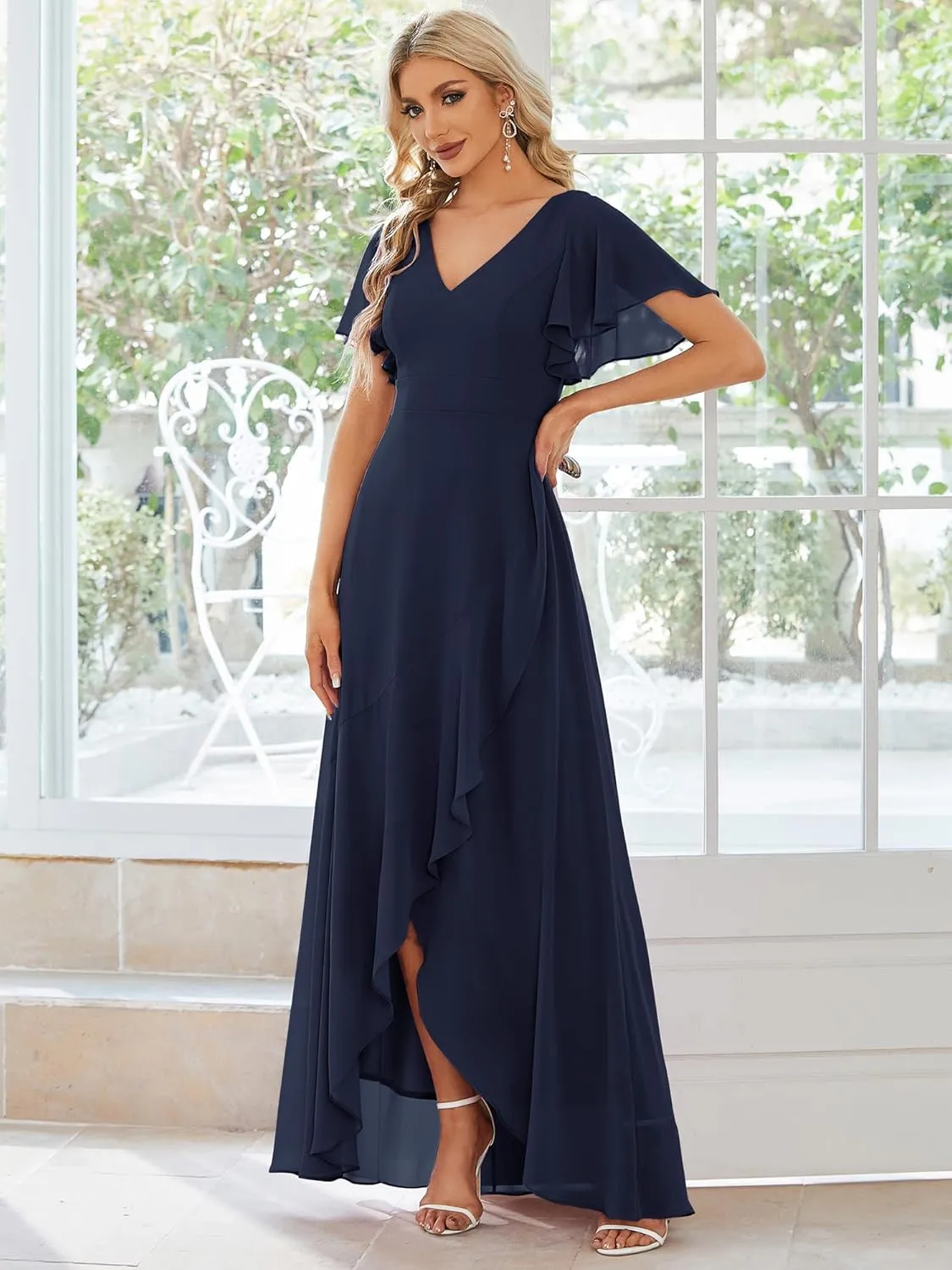 Ever-Pretty Women's Double V Neck A Line Ruffle Hem Backless High Low Chiffon Bridesmaid Dresses 01749