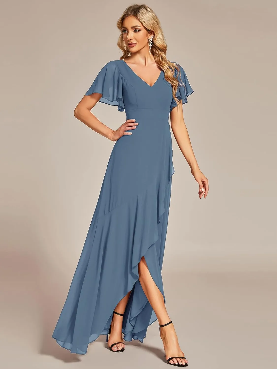 Ever-Pretty Women's Double V Neck A Line Ruffle Hem Backless High Low Chiffon Bridesmaid Dresses 01749