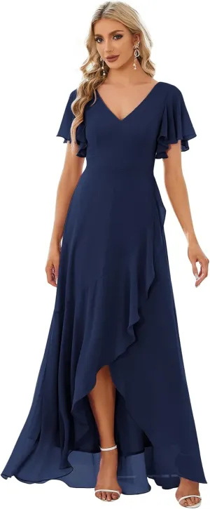 Ever-Pretty Women's Double V Neck A Line Ruffle Hem Backless High Low Chiffon Bridesmaid Dresses 01749