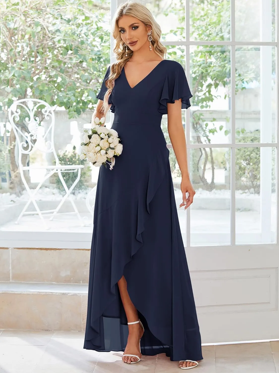 Ever-Pretty Women's Double V Neck A Line Ruffle Hem Backless High Low Chiffon Bridesmaid Dresses 01749