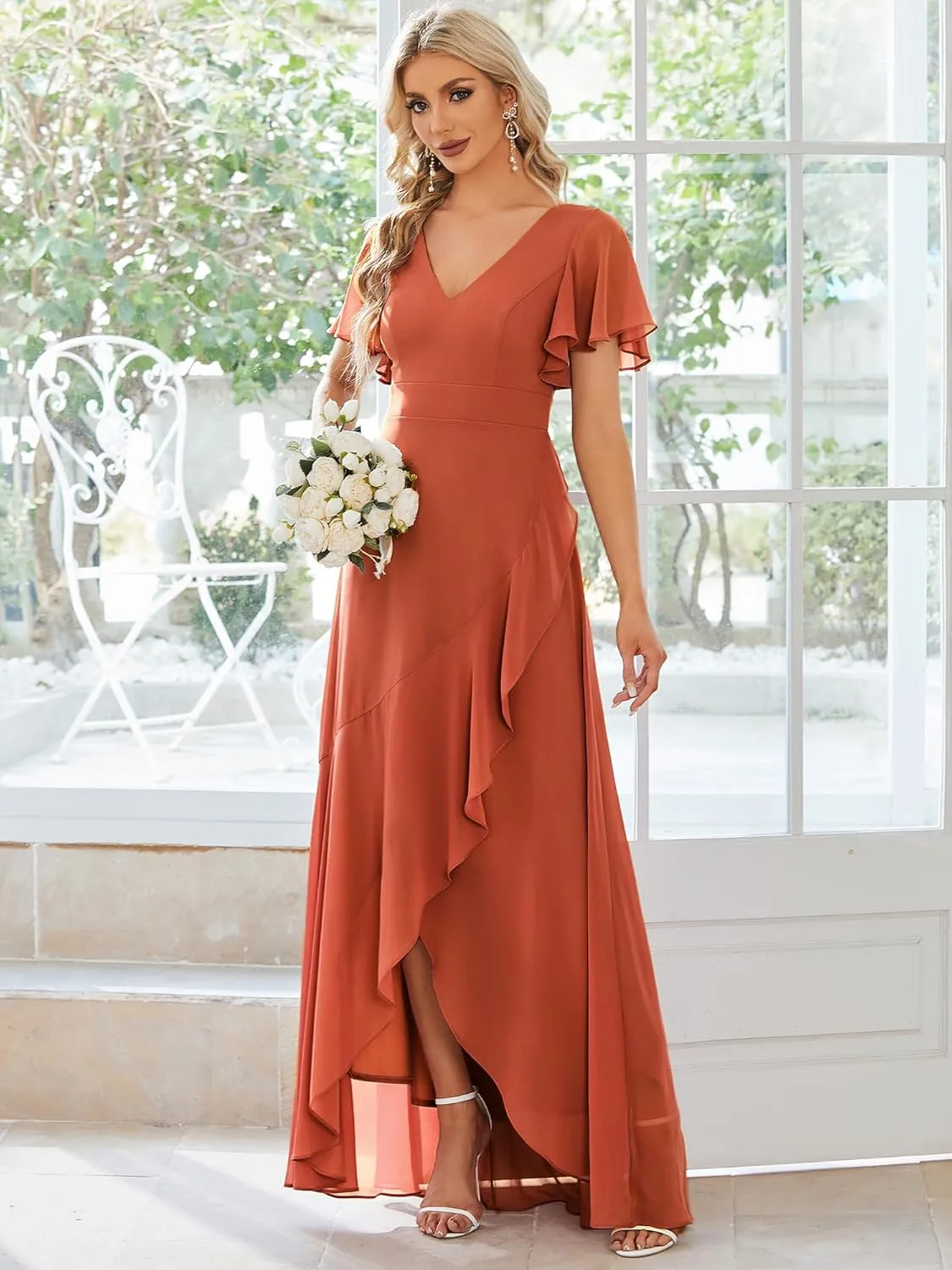 Ever-Pretty Women's Double V Neck A Line Ruffle Hem Backless High Low Chiffon Bridesmaid Dresses 01749