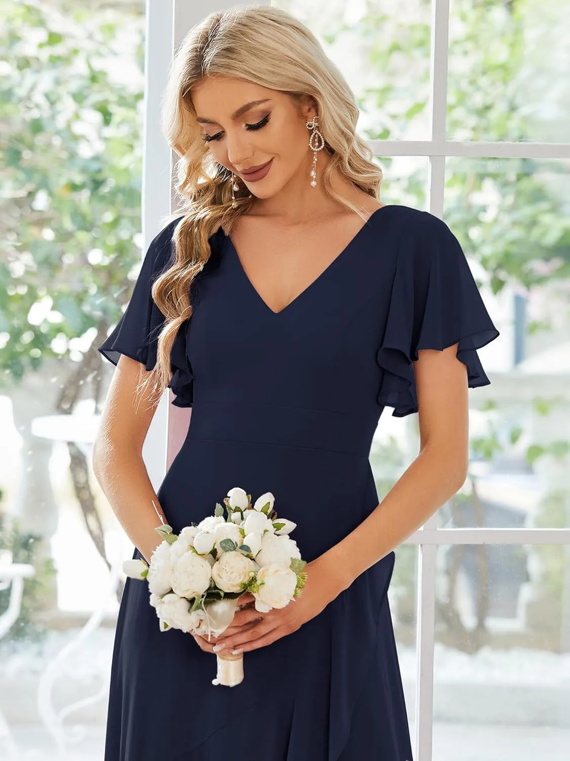 Ever-Pretty Women's Double V Neck A Line Ruffle Hem Backless High Low Chiffon Bridesmaid Dresses 01749