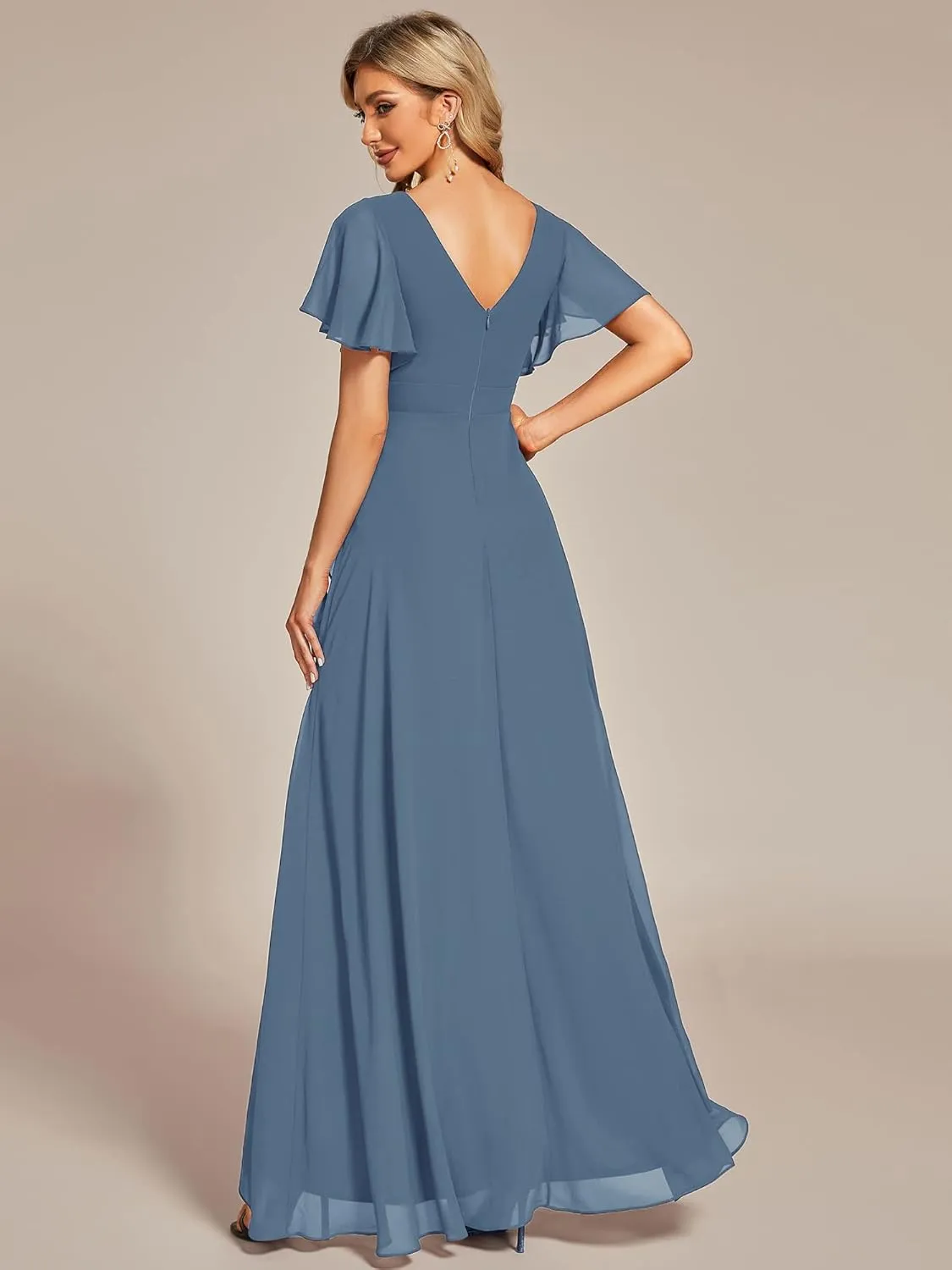 Ever-Pretty Women's Double V Neck A Line Ruffle Hem Backless High Low Chiffon Bridesmaid Dresses 01749