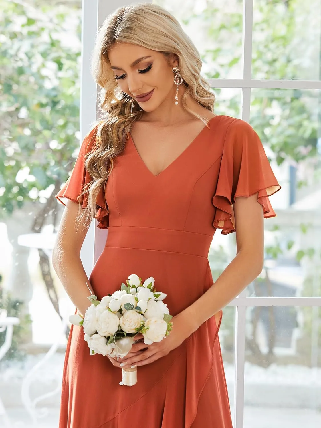 Ever-Pretty Women's Double V Neck A Line Ruffle Hem Backless High Low Chiffon Bridesmaid Dresses 01749