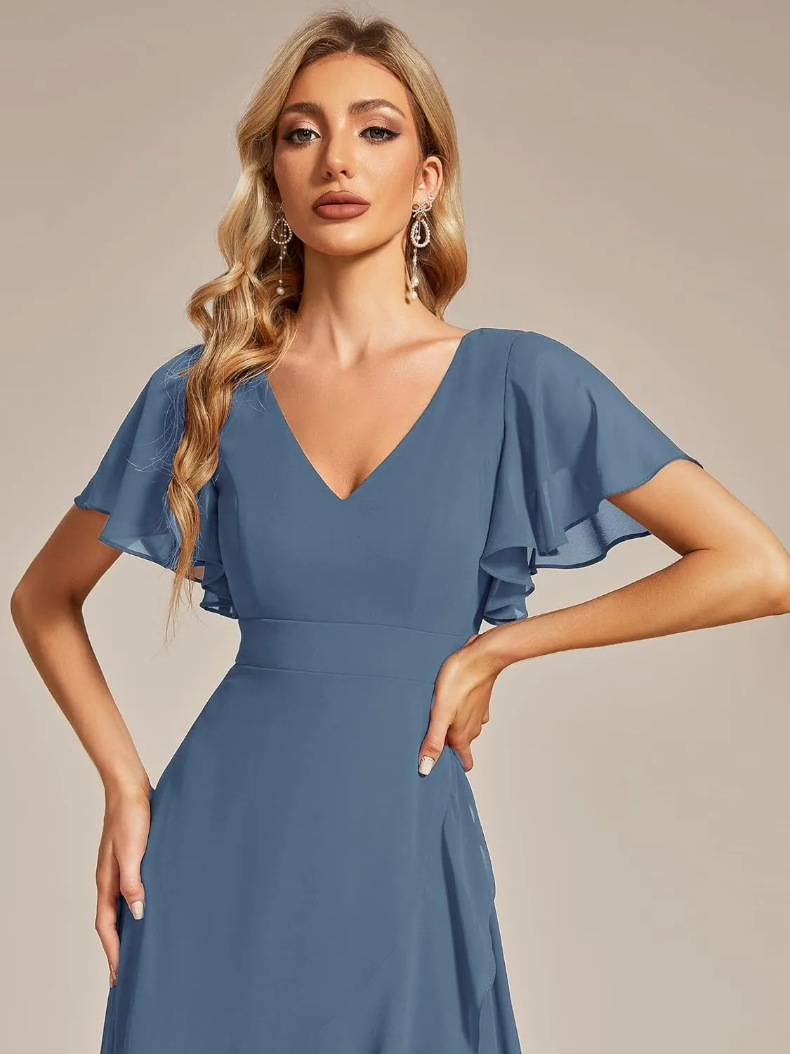 Ever-Pretty Women's Double V Neck A Line Ruffle Hem Backless High Low Chiffon Bridesmaid Dresses 01749