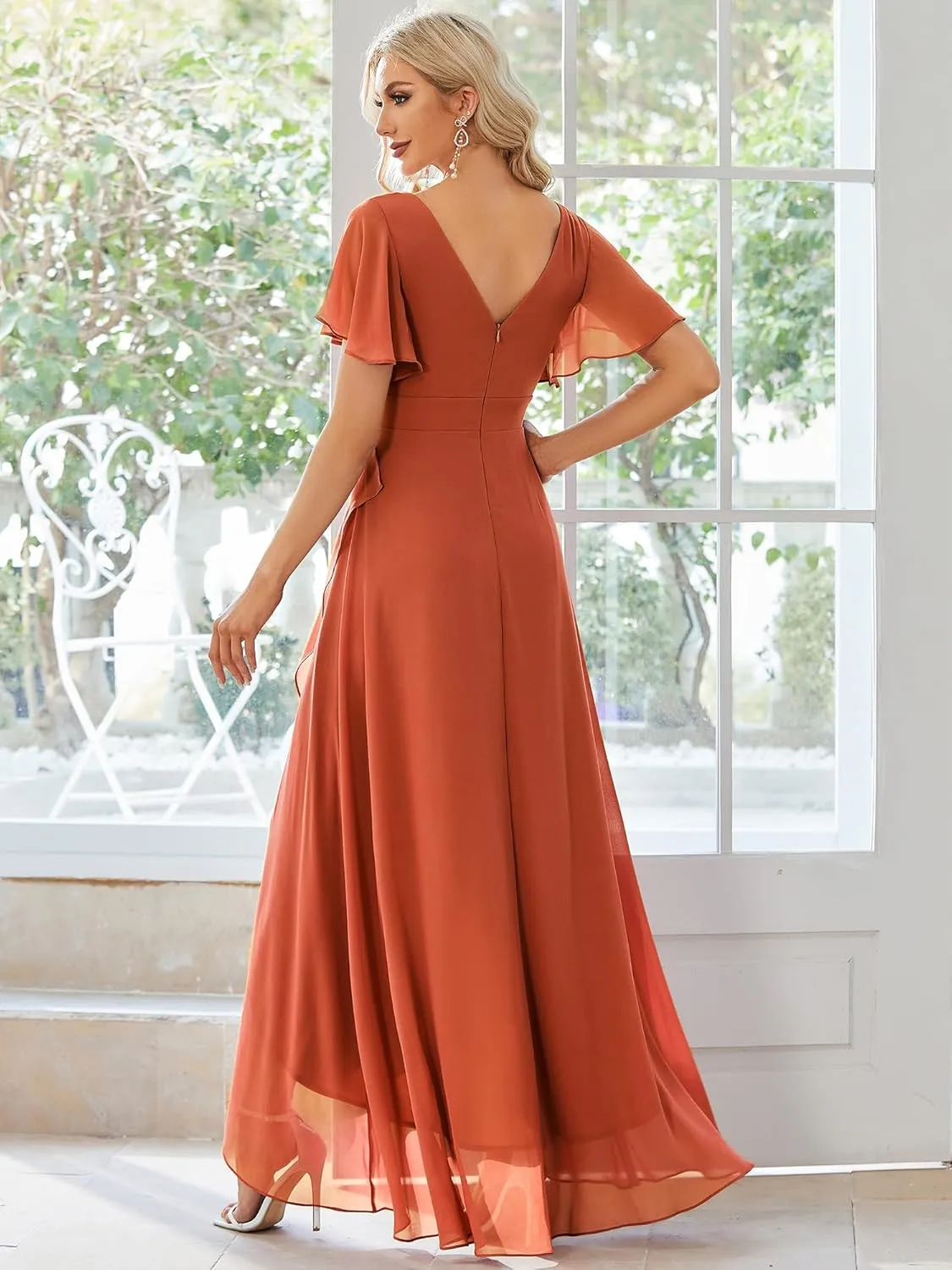 Ever-Pretty Women's Double V Neck A Line Ruffle Hem Backless High Low Chiffon Bridesmaid Dresses 01749
