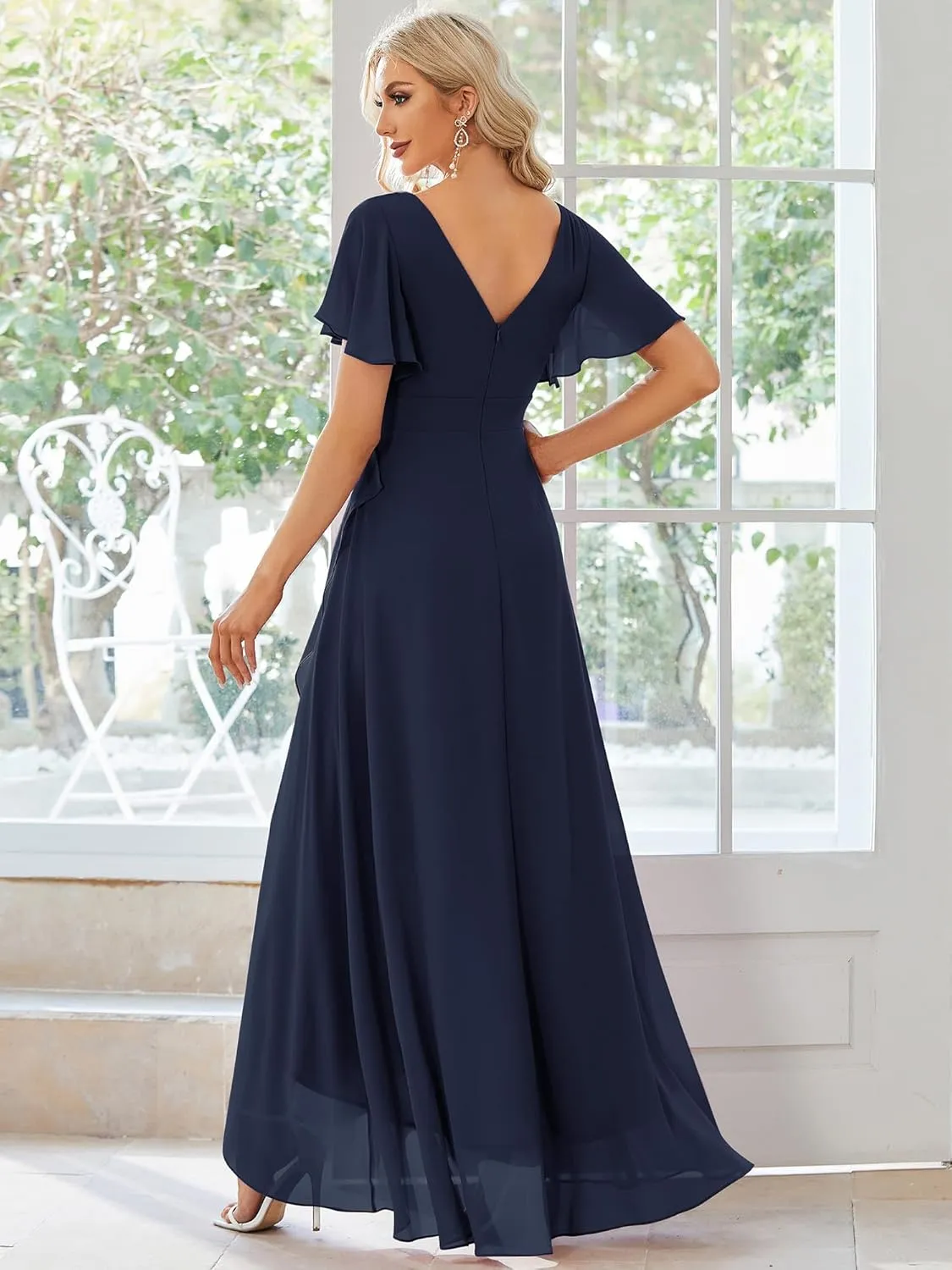 Ever-Pretty Women's Double V Neck A Line Ruffle Hem Backless High Low Chiffon Bridesmaid Dresses 01749