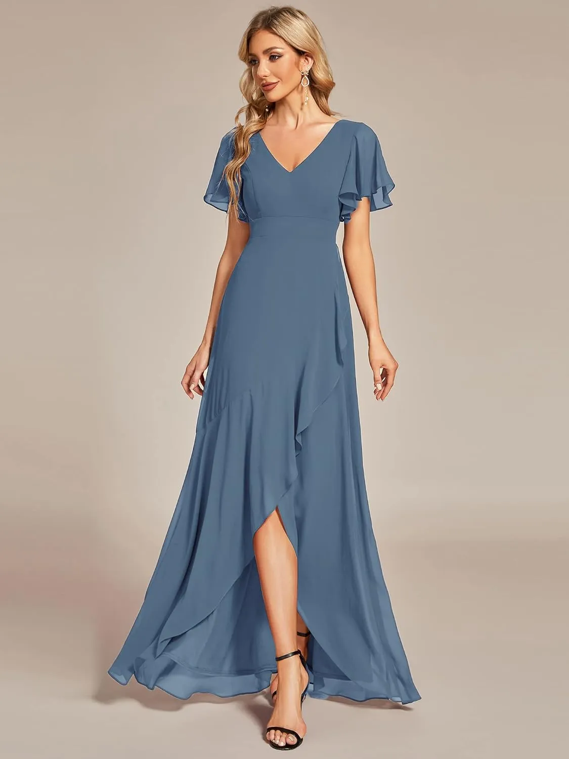 Ever-Pretty Women's Double V Neck A Line Ruffle Hem Backless High Low Chiffon Bridesmaid Dresses 01749