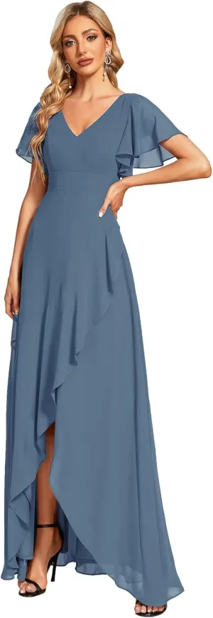 Ever-Pretty Women's Double V Neck A Line Ruffle Hem Backless High Low Chiffon Bridesmaid Dresses 01749